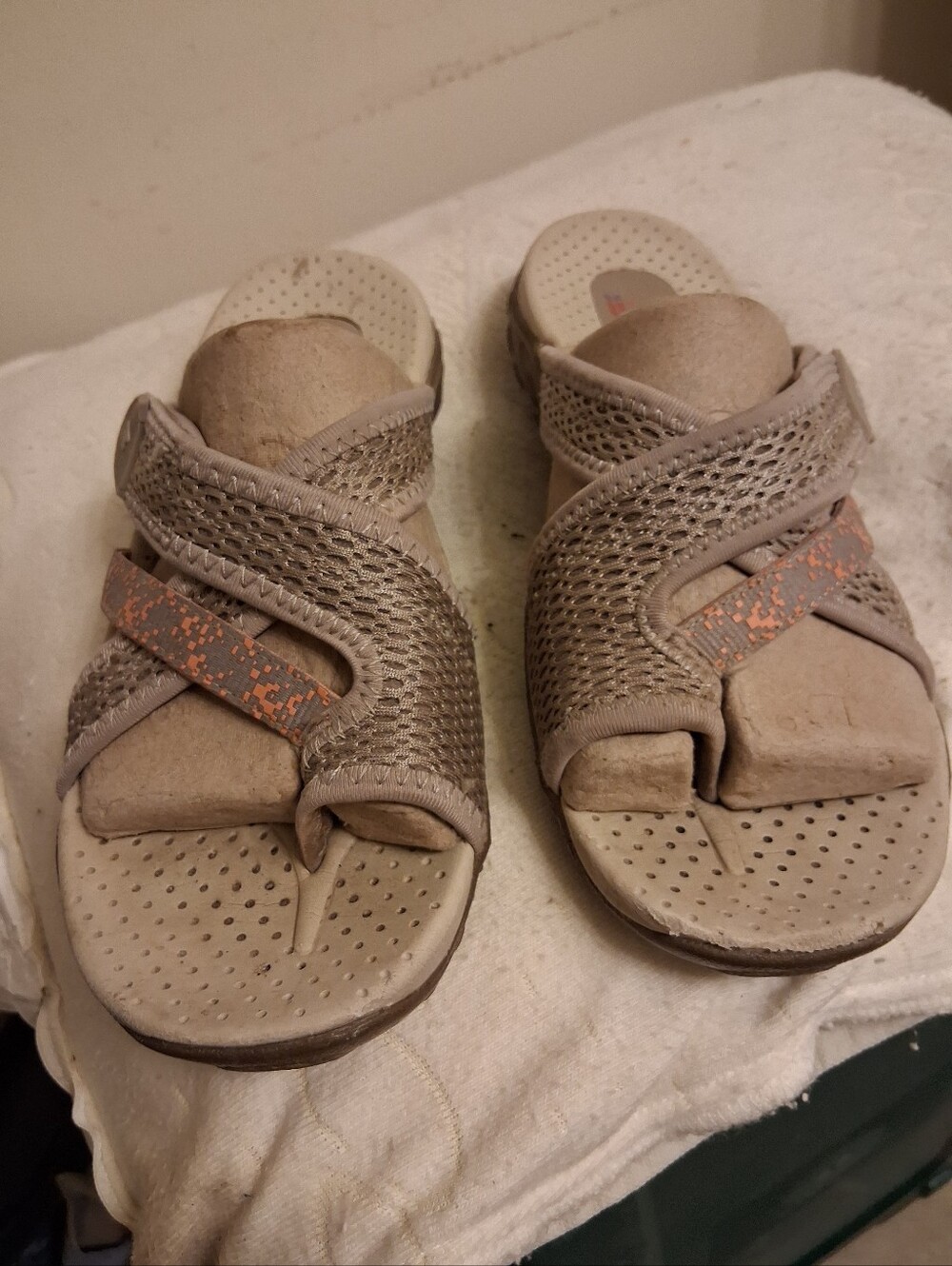 Womens Beige Comfort SKECHERS Sandals with Orange Accent - Breathable Slide size